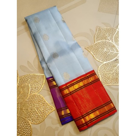 2G Pure Kanjivaram Silk Saree Sky Blue with Red & Purple Zari Border Traditional Butta Saree | Prahla Silks Ganga Jamuna