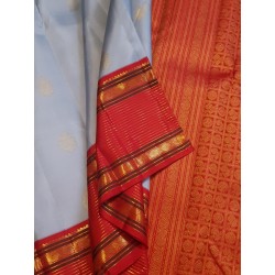 2G Pure Kanjivaram Silk Saree Sky Blue with Red & Purple Zari Border Traditional Butta Saree | Prahla Silks Ganga Jamuna