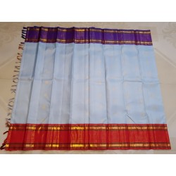 2G Pure Kanjivaram Silk Saree Sky Blue with Red & Purple Zari Border Traditional Butta Saree | Prahla Silks Ganga Jamuna