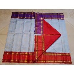 2G Pure Kanjivaram Silk Saree Sky Blue with Red & Purple Zari Border Traditional Butta Saree | Prahla Silks Ganga Jamuna