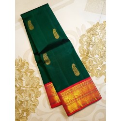 2G Pure Kanjivaram Silk Saree Bottle Green with Chilli Red Border & Gold Butta | Prahla Silks