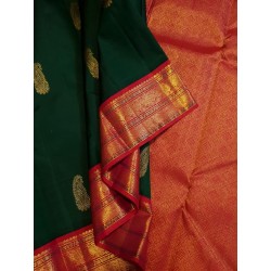 2G Pure Kanjivaram Silk Saree Bottle Green with Chilli Red Border & Gold Butta | Prahla Silks