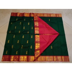2G Pure Kanjivaram Silk Saree Bottle Green with Chilli Red Border & Gold Butta | Prahla Silks