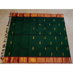 2G Pure Kanjivaram Silk Saree Bottle Green with Chilli Red Border & Gold Butta | Prahla Silks