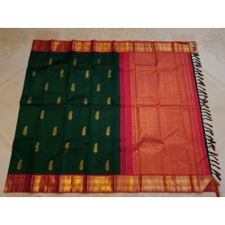 2G Pure Kanjivaram Silk Saree Bottle Green with Chilli Red Border & Gold Butta | Prahla Silks