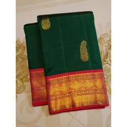 2G Pure Kanjivaram Silk Saree Bottle Green with Chilli Red Border & Gold Butta | Prahla Silks