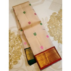 2G Pure Kanjivaram Silk Saree Off White with Pink & Green Peacock Butta and Chilli Red Gold Zari Border | Prahla Silks