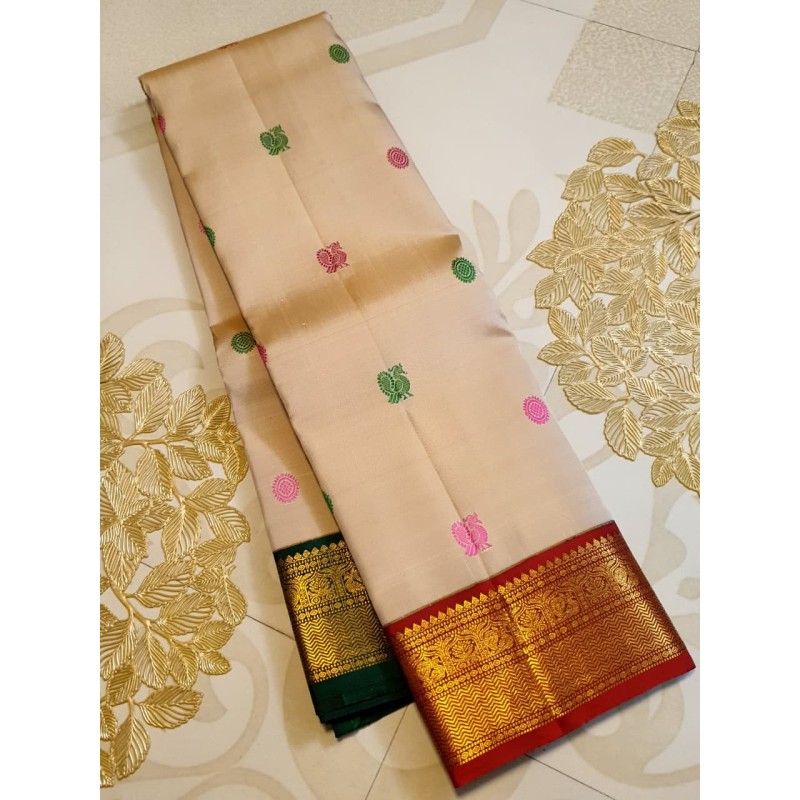 2G Pure Kanjivaram Silk Saree Off White with Pink & Green Peacock Butta and Chilli Red Gold Zari Border | Prahla Silks