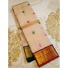 2G Pure Kanjivaram Silk Saree Off White with Pink & Green Peacock Butta and Chilli Red Gold Zari Border | Prahla Silks