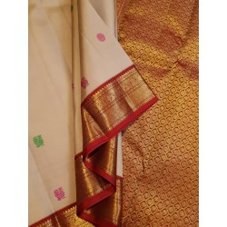 2G Pure Kanjivaram Silk Saree Off White with Pink & Green Peacock Butta and Chilli Red Gold Zari Border | Prahla Silks