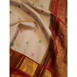 2G Pure Kanjivaram Silk Saree Off White with Pink & Green Peacock Butta and Chilli Red Gold Zari Border | Prahla Silks
