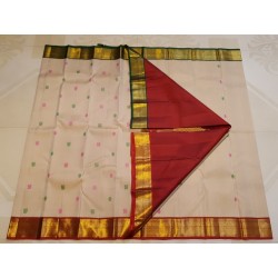 2G Pure Kanjivaram Silk Saree Off White with Pink & Green Peacock Butta and Chilli Red Gold Zari Border | Prahla Silks