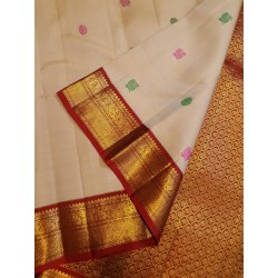 2G Pure Kanjivaram Silk Saree Off White with Pink & Green Peacock Butta and Chilli Red Gold Zari Border | Prahla Silks