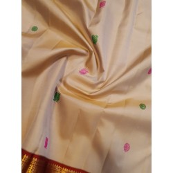 2G Pure Kanjivaram Silk Saree Off White with Pink & Green Peacock Butta and Chilli Red Gold Zari Border | Prahla Silks