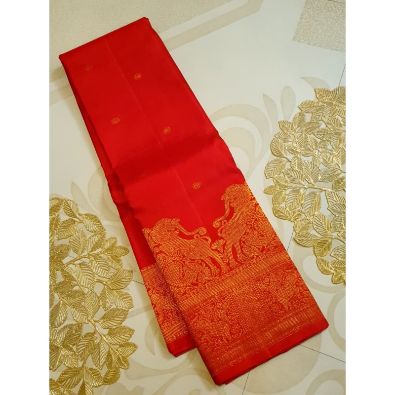 2G Pure Kanjivaram Silk Saree Vermilion Red with Annam & Lion Zari Border and Gold Butta | Prahla Silks