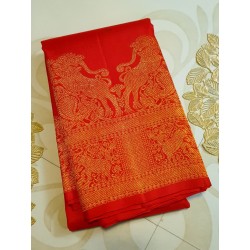 2G Pure Kanjivaram Silk Saree Vermilion Red with Annam & Lion Zari Border and Gold Butta | Prahla Silks