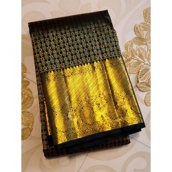 2G Pure Kanjivaram Silk Saree Olive Green Bottle Green Shade with Gold Zari Butta & Traditional Border | Prahla Silks
