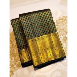 2G Pure Kanjivaram Silk Saree Olive Green Bottle Green Shade with Gold Zari Butta & Traditional Border | Prahla Silks