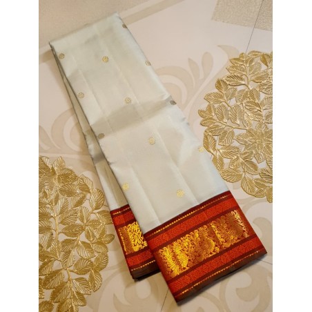 2G Pure Kanjivaram Silk Saree Off White with Chilli Red Peacock Zari Border & Gold Butta | Prahla Silks