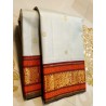 2G Pure Kanjivaram Silk Saree Off White with Chilli Red Peacock Zari Border & Gold Butta | Prahla Silks