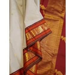2G Pure Kanjivaram Silk Saree Off White with Chilli Red Peacock Zari Border & Gold Butta | Prahla Silks