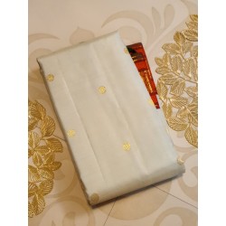 2G Pure Kanjivaram Silk Saree Off White with Chilli Red Peacock Zari Border & Gold Butta | Prahla Silks