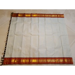 2G Pure Kanjivaram Silk Saree Off White with Chilli Red Peacock Zari Border & Gold Butta | Prahla Silks