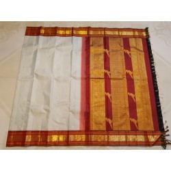 2G Pure Kanjivaram Silk Saree Off White with Chilli Red Peacock Zari Border & Gold Butta | Prahla Silks