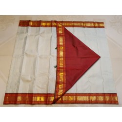 2G Pure Kanjivaram Silk Saree Off White with Chilli Red Peacock Zari Border & Gold Butta | Prahla Silks
