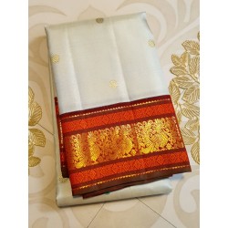 2G Pure Kanjivaram Silk Saree Off White with Chilli Red Peacock Zari Border & Gold Butta | Prahla Silks