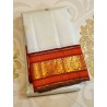 2G Pure Kanjivaram Silk Saree Off White with Chilli Red Peacock Zari Border & Gold Butta | Prahla Silks