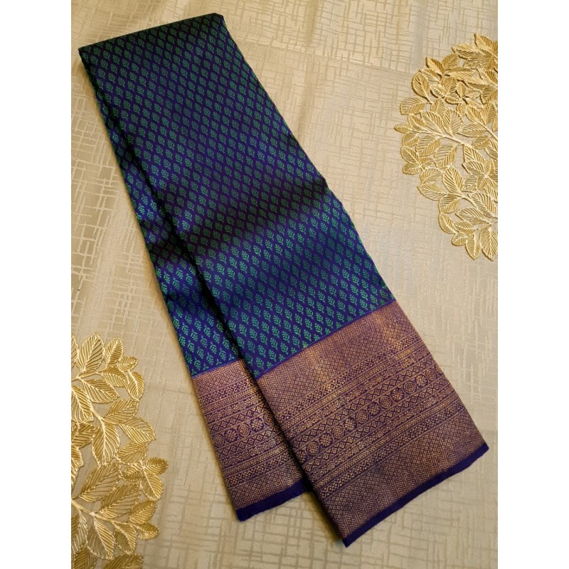 2G Pure Kanjivaram Silk Saree Royal Blue with Gold Zari Butta & Rich Zari Border | Prahla Silks