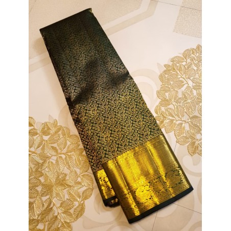 2G Pure Kanjivaram Silk Saree Dark Bottle Green with Gold Zari Floral Weaving & Peacock Border | Prahla Silks
