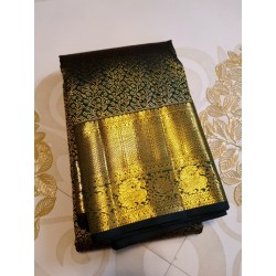 2G Pure Kanjivaram Silk Saree Dark Bottle Green with Gold Zari Floral Weaving & Peacock Border | Prahla Silks