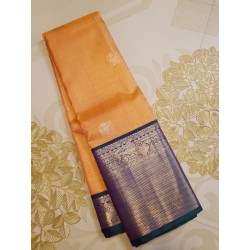 2G Pure Kanjivaram Silk Saree Orange with Royal Blue Elephant Butta & Elephant Zari Border | Prahla Silks