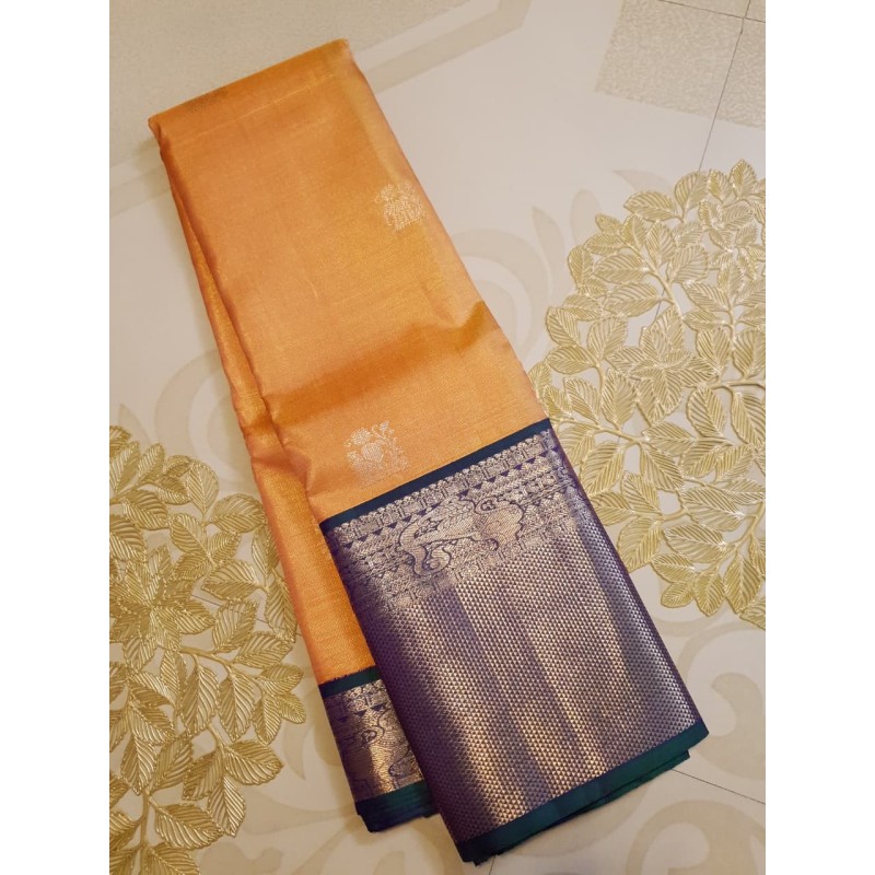 2G Pure Kanjivaram Silk Saree Orange with Royal Blue Elephant Butta & Elephant Zari Border | Prahla Silks