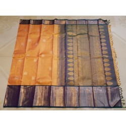 2G Pure Kanjivaram Silk Saree Orange with Royal Blue Elephant Butta & Elephant Zari Border | Prahla Silks
