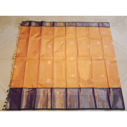 2G Pure Kanjivaram Silk Saree Orange with Royal Blue Elephant Butta & Elephant Zari Border | Prahla Silks
