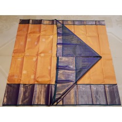 2G Pure Kanjivaram Silk Saree Orange with Royal Blue Elephant Butta & Elephant Zari Border | Prahla Silks