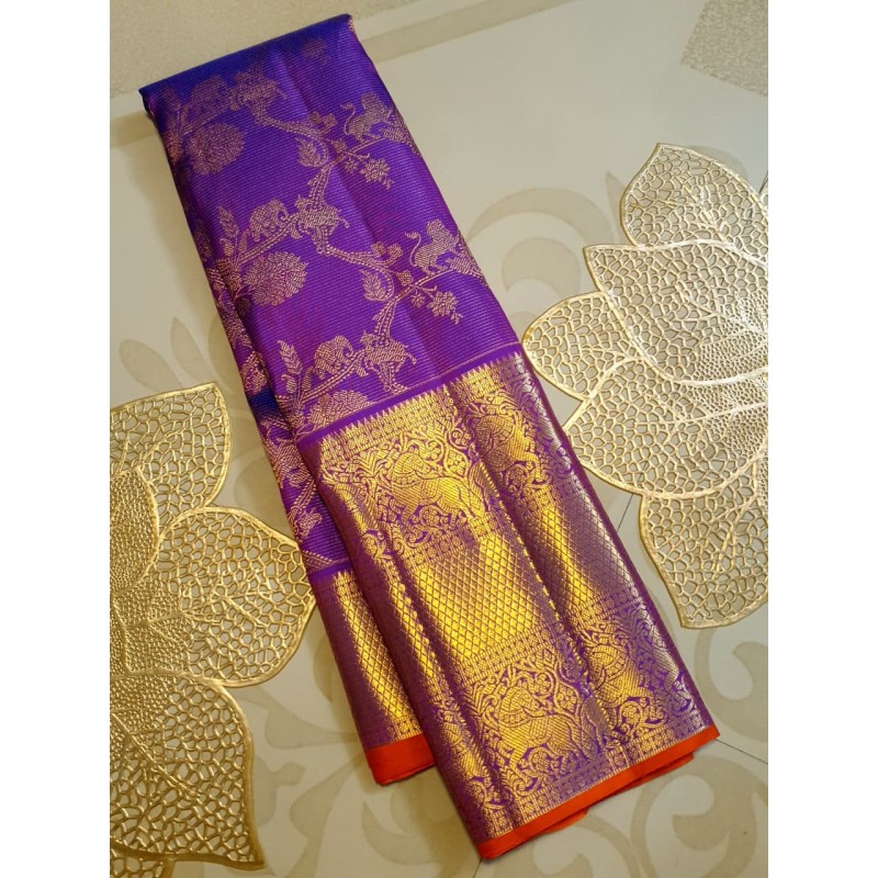 2G Pure Kanjivaram Silk Saree Royal Purple with Gold Zari Annam Butta & Traditional Horse Border | Prahla Silks