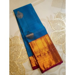 2G Pure Kanjivaram Silk Saree Peacock Blue with Gold Zari Peacock Butta & Magenta Peacock Border | Prahla Silks