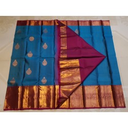 2G Pure Kanjivaram Silk Saree Peacock Blue with Gold Zari Peacock Butta & Magenta Peacock Border | Prahla Silks