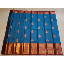 2G Pure Kanjivaram Silk Saree Peacock Blue with Gold Zari Peacock Butta & Magenta Peacock Border | Prahla Silks