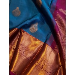 2G Pure Kanjivaram Silk Saree Peacock Blue with Gold Zari Peacock Butta & Magenta Peacock Border | Prahla Silks