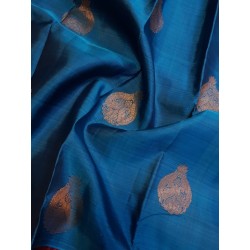 2G Pure Kanjivaram Silk Saree Peacock Blue with Gold Zari Peacock Butta & Magenta Peacock Border | Prahla Silks