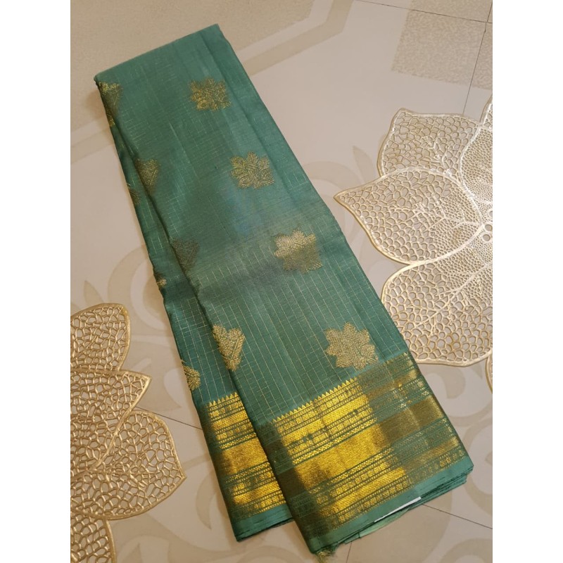 2G Pure Kanjivaram Silk Saree Teal Green with Gold Zari Butta & Rich Pallu | Prahla Silks