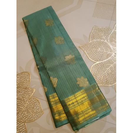 2G Pure Kanjivaram Silk Saree Teal Green with Gold Zari Butta & Rich Pallu | Prahla Silks