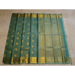 2G Pure Kanjivaram Silk Saree Teal Green with Gold Zari Butta & Rich Pallu | Prahla Silks