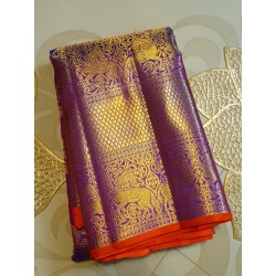 2G Pure Kanjivaram Silk Saree Royal Purple with Gold Zari Annam Butta & Traditional Horse Border | Prahla Silks