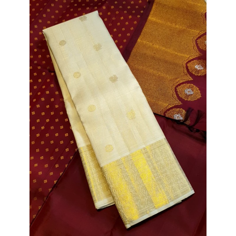 2G Pure Kanjivaram Silk Saree Ivory Off White with Gold Zari Elephant Border & Peacock Butta | Prahla Silks